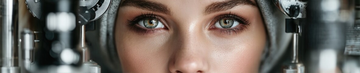 Obraz premium Young woman sitting at eye examination machine in ophthalmologist office, realistic detail, clean medical setting, natural expression.