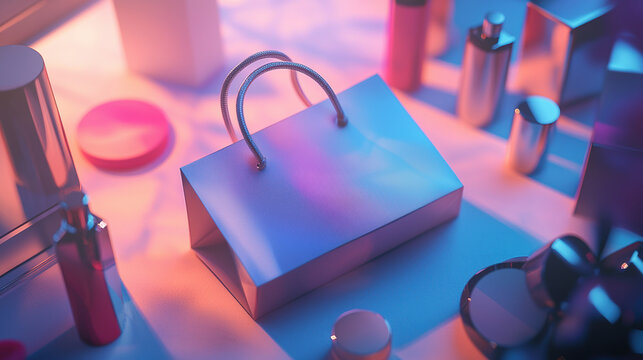 A high-resolution studio photo of a cosmetic shopping packaging bag lying flat, surrounded by cosmetics as decorative elements.  - Powered by Adobe