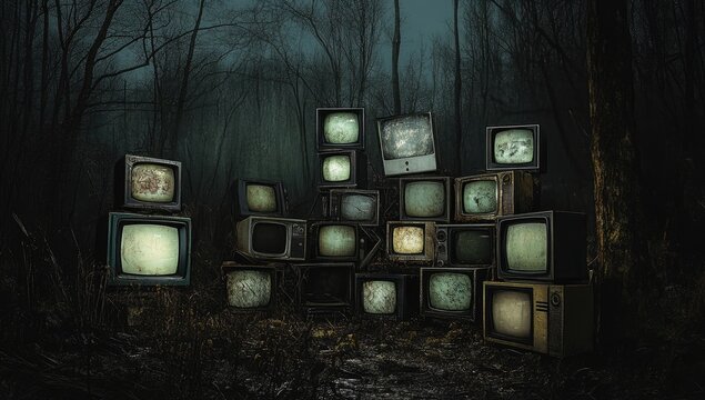 Vintage TVs in a misty forest at night