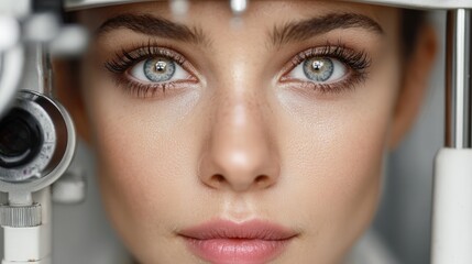 Young woman sitting at eye examination machine in ophthalmologist office, realistic detail, clean medical setting, natural expression.