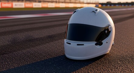 Fototapeta premium Motorsport concept with a white racing helmet resting on the asphalt of a professional race circuit at sunset.