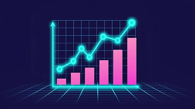 Neon graph displaying upward trend in data analysis on a digital grid background - Powered by Adobe