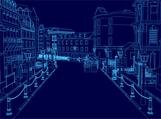 A medieval town street glows under moonlight with blue contour lines highlighting buildings, street lamps, and barrier poles. The detailed line drawing captures the quiet charm of a historic.