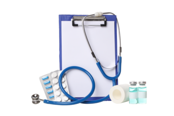 Healthcare tools: stethoscope, clipboard, vials, isolated, PNG