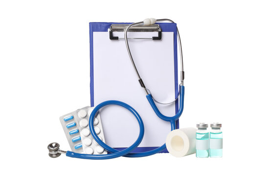 Healthcare tools: stethoscope, clipboard, vials, isolated, PNG - Powered by Adobe
