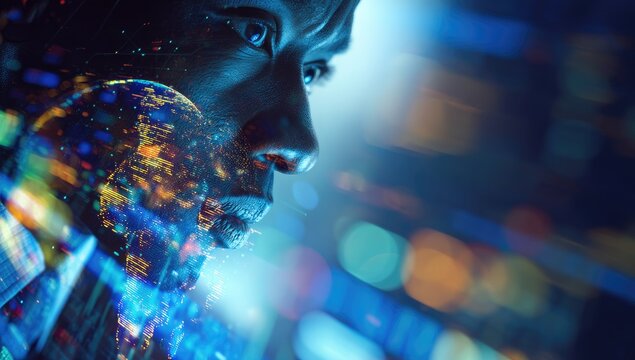Close-up profile of a person's face, superimposed with a glowing, data-rich globe, set against a blurred, colorful technological backdrop