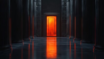 Dark colonnaded hall, glowing orange door