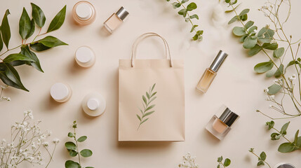 A high-resolution studio photo of a cosmetic shopping packaging bag lying flat, surrounded by cosmetics as decorative elements. 