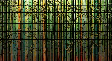Bamboo forest in stained glass style with black outlines and vibrant colors