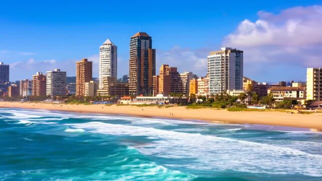 Beachfront city tall buildings line a sandy shore with blue waves