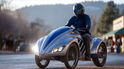 A person wearing a helmet and jacket rides a futuristic three wheeled motorcycle on a paved road