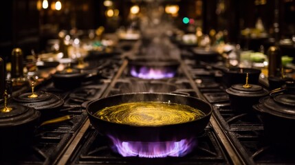 Cooking pots on a gas stove with blue flames steam rising from one pot