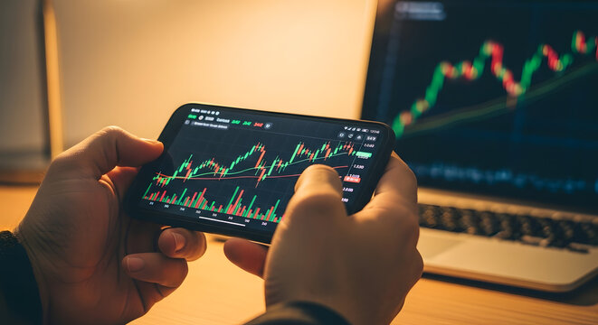 Hands holding a smartphone displaying a stock market graph with a laptop showing a similar financial chart in the background symbolizing trading and investment analysis