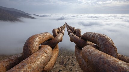 Rusty chains stretching through clouds