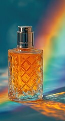 Amber perfume in a cut-glass bottle, sits on a vibrant, iridescent surface, bathed in rainbow-hued light