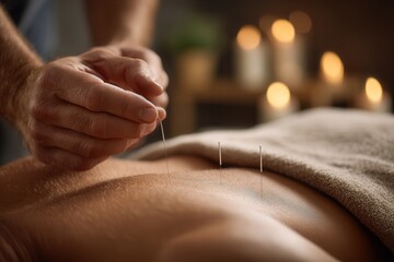 Close-up of acupuncture needle being gently placed in patient’s back during calm therapy session with soft warm light.