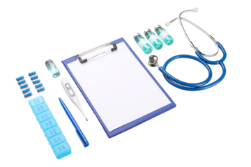 Medical tools and materials prepared, isolated on white, PNG