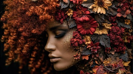 Woman adorned with autumnal floral headpiece