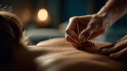 Close-up of acupuncture needle being gently placed in patient’s back during calm therapy session with soft warm light.