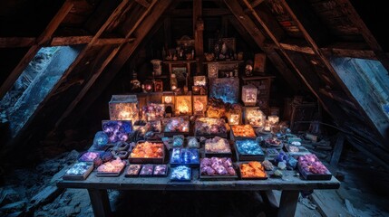 Attic room filled with illuminated crystals