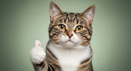 Obraz premium A tabby cat giving a thumbs up gesture close up portrait against a sage green background
