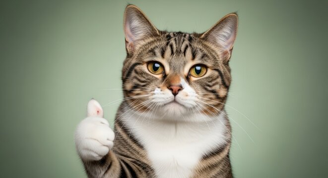 A tabby cat giving a thumbs up gesture close up portrait against a sage green background - Powered by Adobe