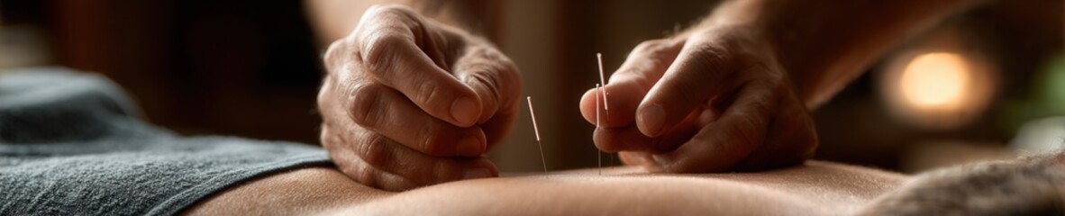 Fototapeta premium Close-up of acupuncture needle being gently placed in patient’s back during calm therapy session with soft warm light.