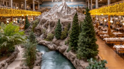 Fototapeta premium Miniature alpine mountain diorama with flowing stream ferns and evergreen trees inside a building