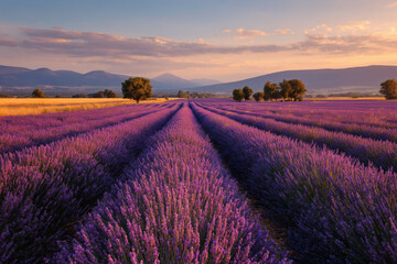 lavender field in full bloom at golden hour