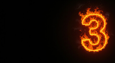 Fiery Number Three: Burning Orange Digit on Black Background, Graphic Design Element for Countdown, Anniversary, or Special Offer