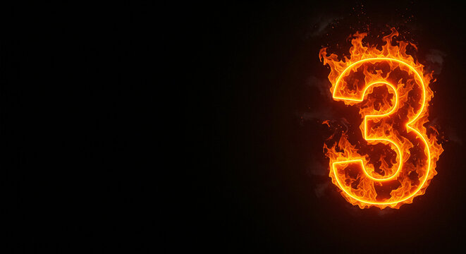 Fiery Number Three: Burning Orange Digit on Black Background, Graphic Design Element for Countdown, Anniversary, or Special Offer - Powered by Adobe