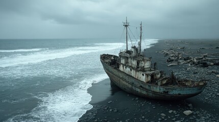 Rusty ship on a dark beach