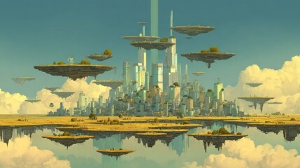 Floating city in a sky with clouds
