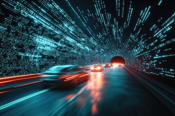 Cars speeding through a digital tunnel