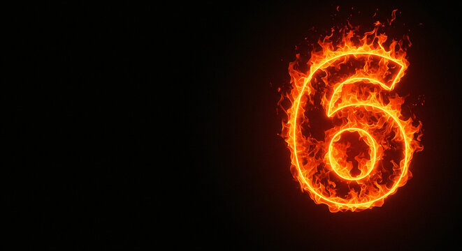 Fiery Number Six: Abstract Burning Digit on Black Background - High-quality stock image for commercial use - Powered by Adobe