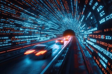 Digital tunnel highway, cars moving fast. Vivid neon colors