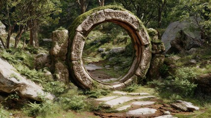 Mystical stone archway in a lush forest