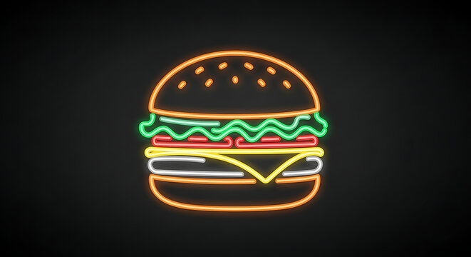 A glowing neon sign of a delicious hamburger with colorful layers of lettuce, tomato, and cheese against a dark background.
