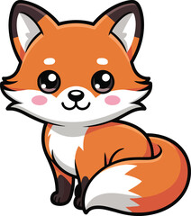 Obraz premium High-resolution cute kawaii fox vector illustration, bright orange fur with white accents, big sparkling eyes, pink cheeks, bushy tail curled around. Clean outlines, smooth coloring, white background.