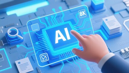 Hand interacting with a futuristic AI interface on a digital circuit background