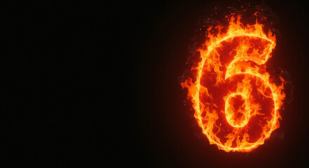 ''Fiery Number Six Burning Brightly Against a Dark Background, Displaying Intense Flames and Vibrant Orange and Yellow Hues''