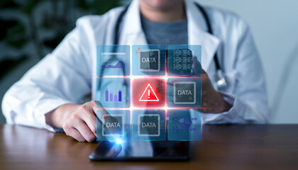 Healthcare cybersecurity, data protection, and digital health technology concepts. Doctor using...