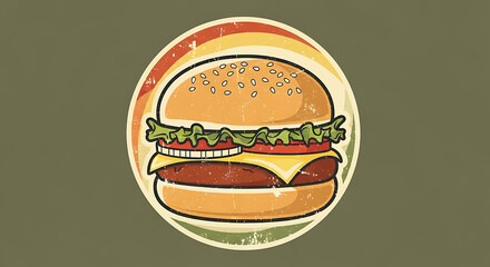 Retro-styled illustration of a juicy cheeseburger, encircled by a vintage sunburst design.
