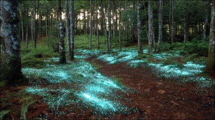 Forest floor glows with bioluminescent plants