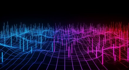 Futuristic data visualization concept showing a vibrant, glowing digital wireframe landscape with blue and red light waves.