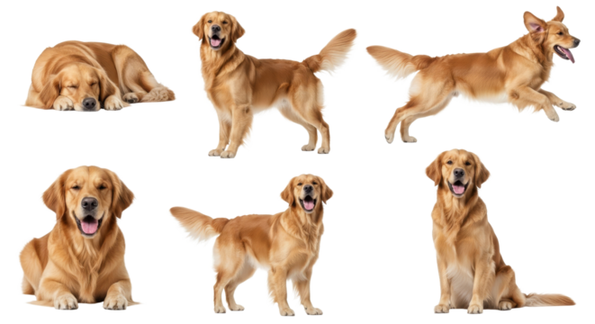 Golden Retriever Dog in Various Poses Isolated on White Background