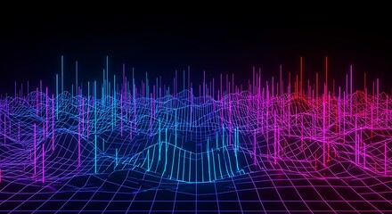 Luminous digital terrain representing data flow and network analysis in a futuristic virtual environment with glowing peaks.