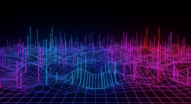 Luminous digital terrain representing data flow and network analysis in a futuristic virtual environment with glowing peaks.
