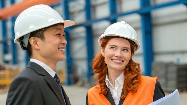 Close Up of Ginger Hair Woman and Asian Man in Industrial Setting as Boss and Assistant