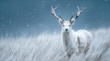 Majestic white deer in snowy field